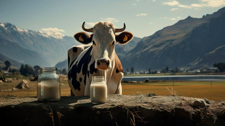 Cow bull grazing on a grass field meadow surrounded by mountains. Bottle of delicious healthy milk. A cow in the pasture over blue sky. Agriculture, farm, cattle, livestock, milk, production of dairy products concept.