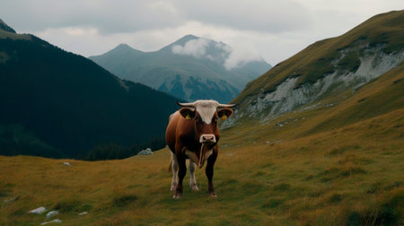Cow bull with horns grazing on a grass field meadow surrounded by mountains. A cow in the pasture over blue sky. Agriculture, farm, cattle, livestock, milk, production of dairy products concept.の素材