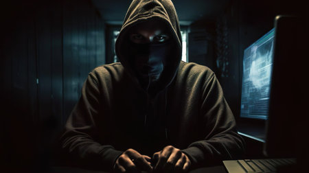 Overhead cyber spy hacker in hood working at computer in dark room. An anonymous hacker uses malware to hack password. Spyware app espionage. Target location detection. Global cybersecurity system.の素材