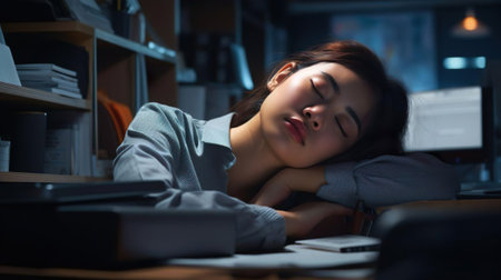 Exhausted young gorgeous Asian business woman sleeping on her office desk next to computer and documents. Company worker tired of overworking. Female employee workaholic suffering from chronic fatigue at workplace.の素材