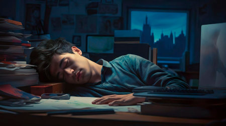 Exhausted young handsome business man sleeping on his office desk next to computer and documents. Company worker tired of overworking. Male employee workaholic suffering from chronic fatigue at workplace.の素材