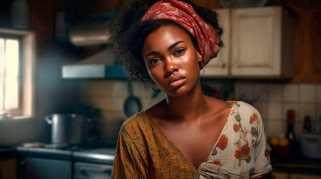 Unhappy overworked African housewife feels distressed sick and tired of cooking and housework. Upset woman housekeeper tired of household chores. Exhausted lady in the kitchen, fatigue concept.の素材