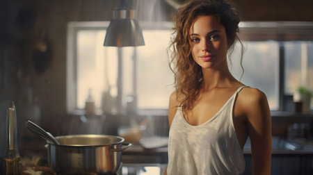 Happy attractive smiling woman housewife chef cooks in the kitchen. Pretty young female baking in home cuisine, enjoying culinary hobby, cooking activity. Housekeeper doing household chores.の素材