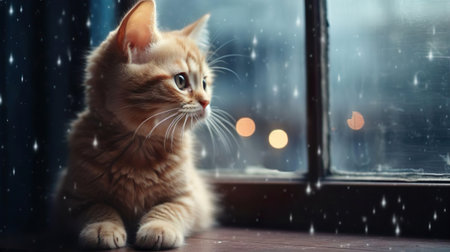 Cute ginger Christmas kitty kitten fluffy domestic cat sits at home on the windowsill and looks out the window waiting for a miracle and magical Christmas night. Christmas tree garland background. New Year Eve and Merry Christmas holiday celebration.の素材