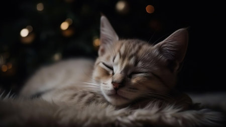 Portrait of a little kitty kitten fluffy domestic cat sleeping next to the Christmas tree fir branches. Magic Christmas night with garland lights. New Year Eve and Merry Christmas holiday celebration.の素材