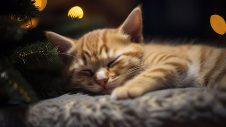 Portrait of a little ginger kitty kitten fluffy domestic cat sleepping next to the Christmas tree fir branches. Magic Christmas night with garland lights. New Year Eve and Merry Christmas holiday celebration.の素材