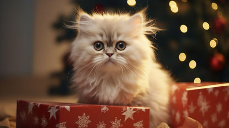 A gift for a Christmas. Little cute kitty kitten fluffy domestic cat with gift box next to the Christmas tree fir branches. Magic Christmas night with garland lights. New Year Eve and Merry Christmas holiday celebration.の素材