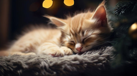 Little ginger kitty kitten fluffy domestic cat sleeps next to the Christmas tree fir branches. Magic Christmas night with garland lights. New Year Eve and Merry Christmas holiday celebration.の素材