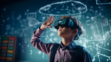 Smart schoolboy pupil with VR glasses studying at classroom. Simulation science. Student uses a virtual reality headset to study. A boy studies mathematic and geometry. Virtual gadget for entertainment at school.の素材