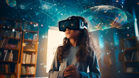 Smart school girl pupil with VR glasses googles studying the astronomy space and neural connections of the brain in the library at school. Simulation technology and science. Female student uses a virtual reality headset to study. Modern gadget for entertainment.の素材