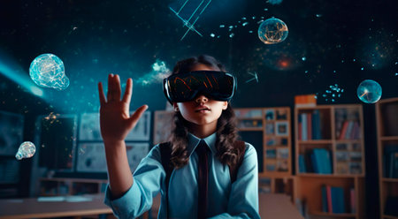 Curious schoolgirl pupil with VR glasses studies chemistry molecule neurons substances in the classroom or campus at school college university. Simulation science. Student uses a virtual reality headset to study. Virtual gadget for entertainment.の素材