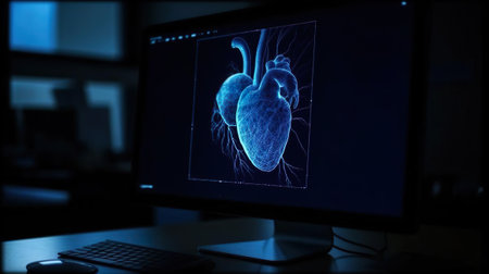 World Heart day and health care concept. Blue heart model on doctors computer. Diagnose treatment virtual human organ on modern interface screen. Healthcare medicine medical innovation technology. Online patient consultation. Cardiovascular disease, atherosclerosis, heart attack, pulmonary.の素材