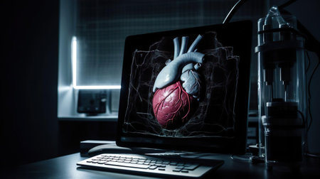 Red heart model on doctors computer. Diagnose treatment virtual human organ on modern interface screen. Healthcare medicine medical innovation technology. Online patient consultation. Cardiovascular disease, atherosclerosis, heart attack, pulmonary, World Heart day and health care conceptの素材