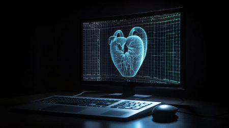 World Heart day and health care concept. Blue heart model on doctors computer. Diagnose treatment virtual human organ on modern interface screen. Healthcare medicine medical innovation technology. Online patient consultation. Cardiovascular disease, atherosclerosis, heart attack, pulmonary.の素材