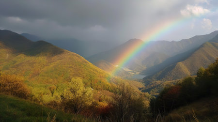 View of a rainbow at sunset next to the beautiful mountain. Beautiful natural landscapes.の素材