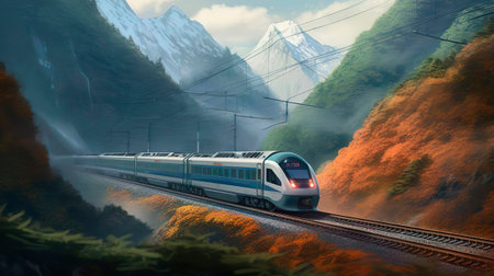 Long distance fast modern express passenger train on high speed railway. Mountain landscape. Public transport. Planning vacation, tourism, journey, railroad, travel.の素材