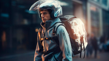 Future transport and technology. Jet pack male courier messenger is ready to fly. Delivering cargo, online orders, purchases, goods, packages in the city with drone engine. Express flying shipping. Innovation invention concept.の素材
