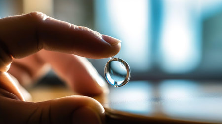 Womans hand holds nano contact lens for eye care. Vision, health care, prescription lenses, optometry, ophthalmology concept.の素材