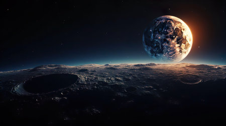 Stunning view of the blue planet earth with oceans and continents from starry outer space. Solar system. The concept of environmental conservation the future of humanity and space tourism.の素材