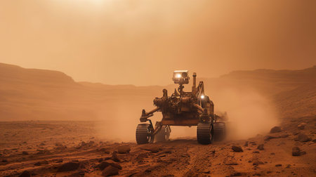 A modern technological rover spaceship landed on the red planet to find water on Mars. Scientific expedition with experiments and research. Mission flight beyond the solar system. Global science about the universe humanity and future of all mankind.の素材