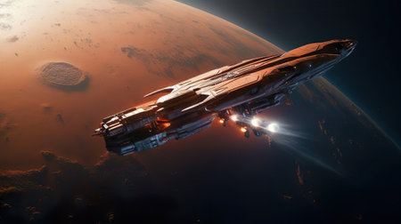 A spacecraft makes a scientific expedition to red planet Mars. Mission flight beyond the solar system. Global science about the universe humanity and future of all mankind.の素材