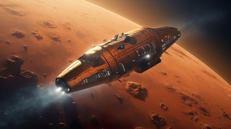 A spacecraft makes a scientific expedition to red planet Mars. Mission flight beyond the solar system. Global science about the universe humanity and future of all mankind.の素材