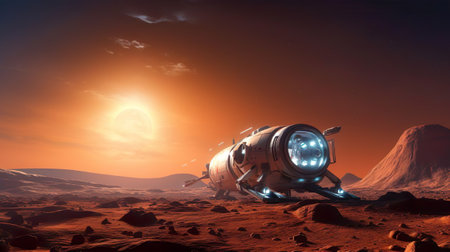 A spacecraft makes a scientific expedition to red planet Mars. A modern technological rover spaceship landed on the red planet to find water on Mars. Mission flight beyond the solar system. Global science about the universe humanity and future of all mankind.の素材