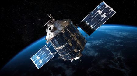 Space station or spaceship or spacecraft with solar panels and antenna orbiting the earth. Global science communication system. A satellite in orbit transmits a signal to the blue planet. Innovative digital technology. Outer space star universe galaxy background.の素材