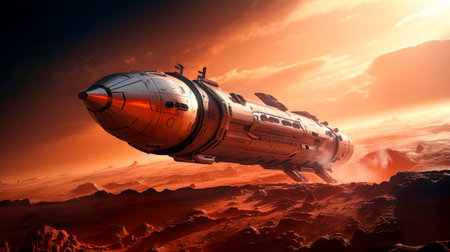 A spacecraft makes a scientific expedition to red planet Mars. Mission flight beyond the solar system. Global science about the universe humanity and future of all mankind.の素材