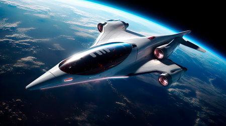 A spaceship explores outer space, the galaxy and the solar system, conducts experiments and research. The rocket spacecraft cosmos station turns on acceleration and goes on a scientific expedition to new planet and star. Global science about the universe.の素材
