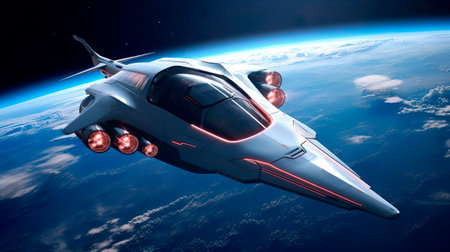 A spaceship explores outer space, the galaxy and the solar system, conducts experiments and research. The rocket spacecraft cosmos station turns on acceleration and goes on a scientific expedition to new planet and star. Global science about the universe.の素材