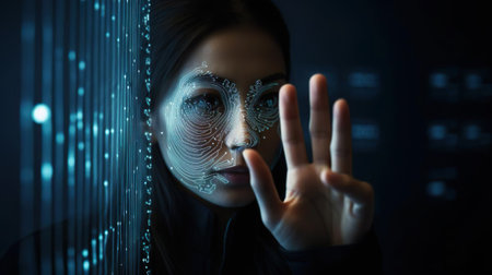 Biometric identification authentication ID for personal data protection, digital hologram. Facial scanning and recognition, innovation of future. Young woman with iris scanning. Cyber security.の素材