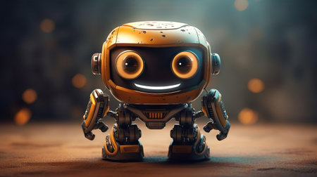 Smiling happy autonomous bionic personal assistant helper robot. Yellow interactive robot with scanner in its eyes. Robotic trend modern technology future concept.の素材