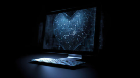 World Heart day and health care concept. Blue heart model on doctors computer. Diagnose treatment virtual human organ on modern interface screen. Healthcare medicine medical innovation technology. Online patient consultation. Cardiovascular disease, atherosclerosis, heart attack, pulmonary.の素材