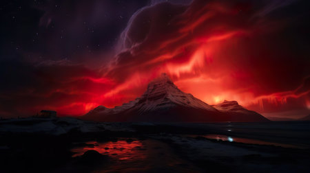 Majestic mountain in the amazing red northern lights background. Luminous particles from the outer space on polar night starry sky. Arctic visual phenomenon.の素材