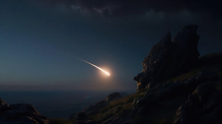 A comet, asteroid, meteorite flying to the planet. Glowing asteroid with tail threatening the safety of the Earth. Beautiful starry sky background.の素材