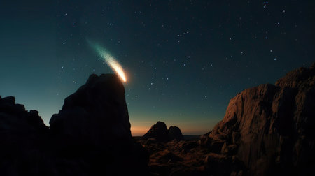 A comet, asteroid, meteorite flying to the planet. Glowing asteroid with tail threatening the safety of the Earth. Beautiful starry sky background.の素材