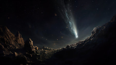 A comet, asteroid, meteorite flying to the planet. Glowing asteroid with tail threatening the safety of the Earth. Beautiful starry sky background.の素材