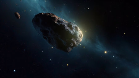 The comet is flying in outer space, beautiful galaxy background. Stardust and bright shining stars in universal. Asteroid, meteorite flying to the planet.の素材