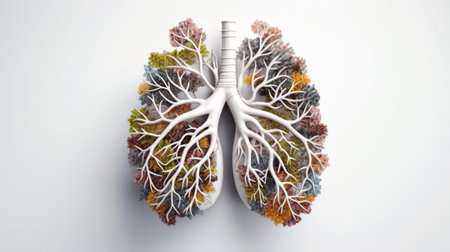 Human lungs with flower and leaves. Environmental nature eco air pollution concept. Lung respiratory chest organ. Health care, disease, cancer, pneumonia, asthma, pulmonary, world no tobacco day, stop smoking.の素材