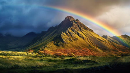 View of a rainbow at sunset next to the beautiful mountain. Beautiful natural landscapes.の素材