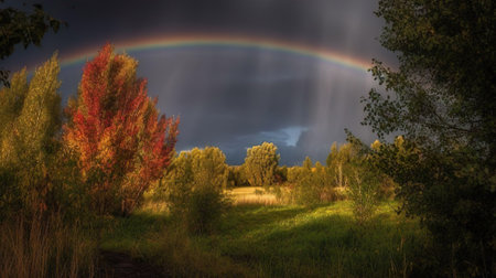 View of a rainbow at sunset on valley meadow field. Beautiful natural landscapes.の素材
