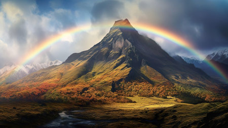 View of a rainbow at sunset next to the beautiful mountain. Beautiful natural landscapes.の素材