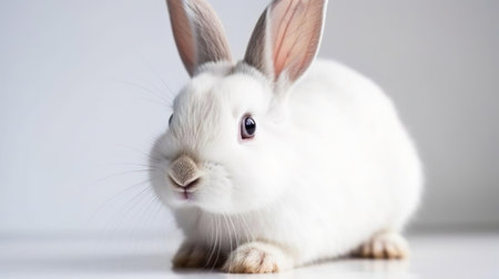 Cute Easter spring bunny rabbit on white background. Happy Easter holiday. Copy space.の素材