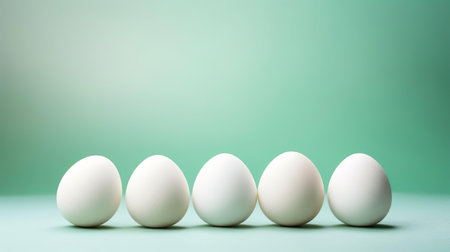 Five eggs on green pastel background. Easter minimal trend. Chicken eggs, holiday food Easter background. Healthy food.の素材