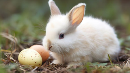Cute Easter bunny rabbit with decorated eggs. Happy Easter holiday.の素材