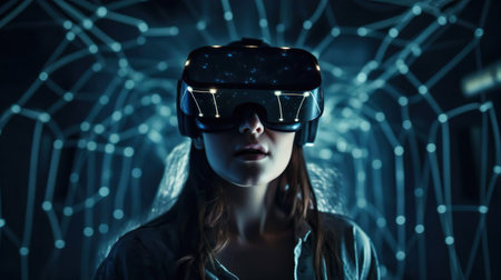 Female gamer woman with virtual reality glasses and futuristic game for VR gaming in cyber world. Digital experience and cyberpunk background. Technology simulation hi-tech virtual headset. A girl with virtual goggle playing augmented reality game entertainment.の素材