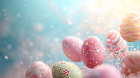 Decorated festive Easter eggs in motion, flying against blue background. Creative Easter holiday levitation concept. Copy space.の素材