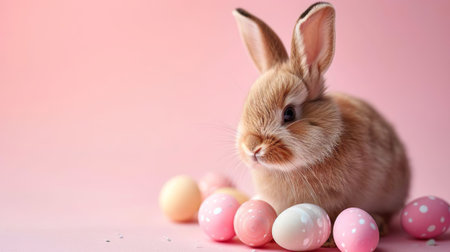 Easter spring bunny rabbit on pink background. Happy Easter holiday. Copy space.の素材