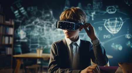 A schoolboy student studying exact mathematical sciences using VR glasses virtual headset and digital hologram. Classroom background. A kid pupil creative solution while studying. Exact sciences imagination innovation education knowledge study concept.の素材